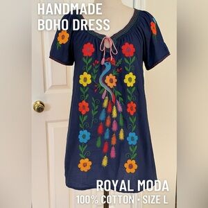 Royal Moda Embroidered Mexican Peasant Tunic Dress Navy Boho Floral Bird Sz L